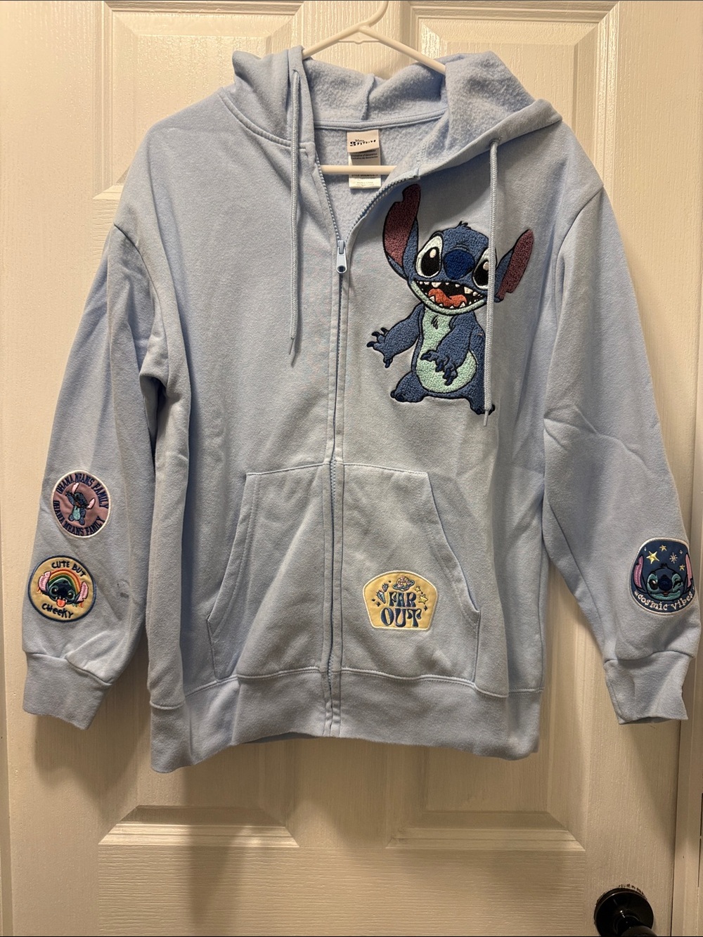 Disney Light Blue Stitch Hoodie with Embroidered Patches